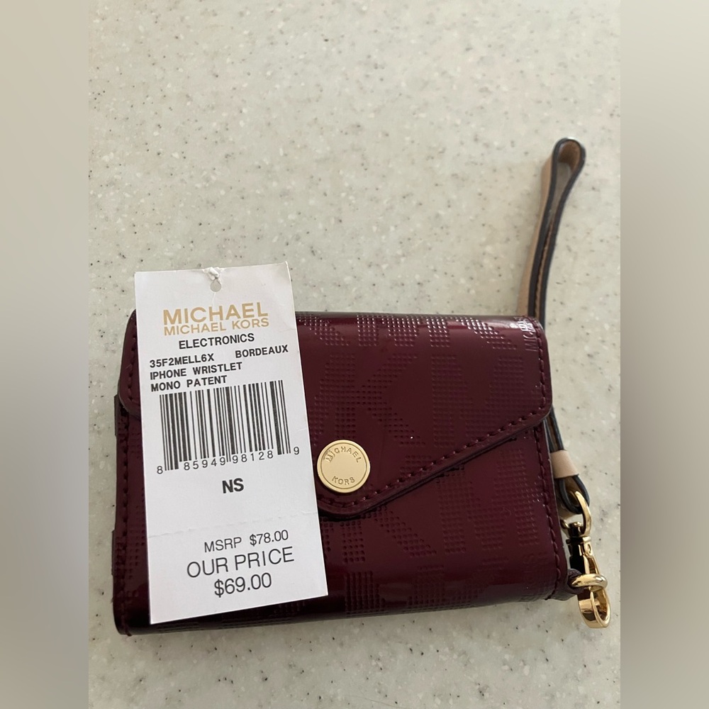 Michael Kors Burgundy Patent MK Logo Envelope Wallet with Gold Accent - Picture 7 of 7
